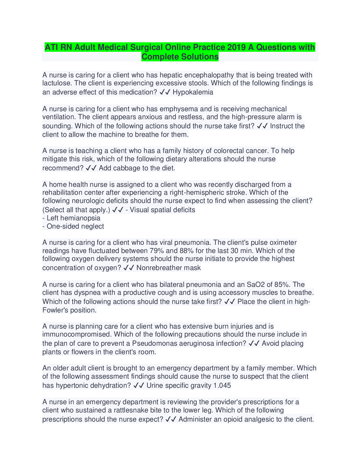 Preview image for ATI RN Adult Medical Surgical Online Practice 2019 A Questions with Complete Solutions